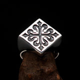 Excellent crafted Men's Black Fleur de Lis Cross Ring - Sterling Silver - BikeRing4u