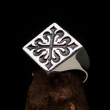 Excellent crafted Men's Black Fleur de Lis Cross Ring - Sterling Silver - BikeRing4u