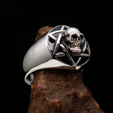 Excellent crafted domed Men's Hexagram Skull Ring - Sterling Silver - BikeRing4u