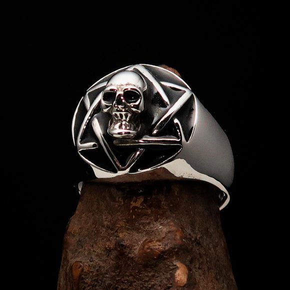 Excellent crafted domed Men's Hexagram Skull Ring - Sterling Silver - BikeRing4u