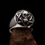 Excellent crafted domed Men's Hexagram Skull Ring - Sterling Silver - BikeRing4u
