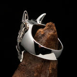 Excellent crafted Men's horned Devil Ring - Mirror Polished Sterling Silver - BikeRing4u