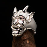 Excellent crafted Men's horned Devil Ring - Mirror Polished Sterling Silver - BikeRing4u