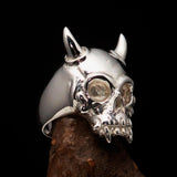 Excellent crafted Men's Biker Ring horned Devil Skull - Mirror Polished Sterling Silver - BikeRing4u