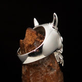 Excellent crafted Men's Biker Ring horned Devil Skull - Mirror Polished Sterling Silver - BikeRing4u