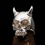 Excellent crafted Men's Biker Ring horned Devil Skull - Mirror Polished Sterling Silver - BikeRing4u