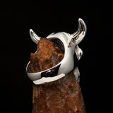 Excellent crafted Men's Bull Skull Cowboy Ring - Mirror Polished Sterling Silver - BikeRing4u