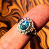 Sterling Silver Solitaire Ring with oval Cut Blue Zircon and 14 CZ - Size 6.5 - BikeRing4u