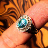 Sterling Silver Solitaire Ring with oval Cut Blue Zircon and 14 CZ - Size 6.5 - BikeRing4u