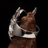 Excellent crafted Men's horned Viking Warrior Ring - Mirror Polished Sterling Silver - BikeRing4u