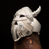Excellent crafted Men's horned Viking Warrior Ring - Mirror Polished Sterling Silver - BikeRing4u