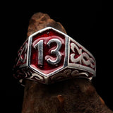 Excellent crafted Men's Biker Ring red Number 13 - Sterling Silver 925 - BikeRing4u