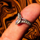 Sterling Silver Solitaire Ring with marquise shaped Ceylon Moonstone and 10 CZ - BikeRing4u