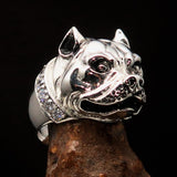 Excellent crafted Men's Ring Pitbull with white CZ Collar - Sterling Silver - BikeRing4u