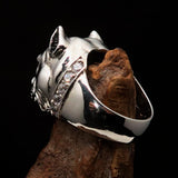 Excellent crafted Men's Ring Pitbull with white CZ Collar - Sterling Silver - BikeRing4u