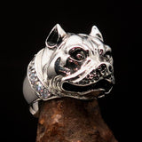 Excellent crafted Men's Ring Pitbull with white CZ Collar - Sterling Silver - BikeRing4u