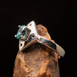 Diamond shaped Gemstone Sterling Silver Solitaire Ring with oval Cut Blue Zircon - Size 6.5 - BikeRing4u