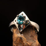 Diamond shaped Gemstone Sterling Silver Solitaire Ring with oval Cut Blue Zircon - Size 6.5 - BikeRing4u