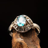 Sterling Silver Solitaire Ring with oval Cut Blue Zircon and 16 CZ - Size 6 - BikeRing4u