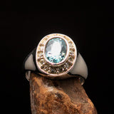 Sterling Silver Solitaire Ring with oval Cut Blue Zircon and 14 CZ - Size 6.5 - BikeRing4u