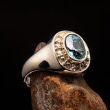 Sterling Silver Solitaire Ring with oval Cut Blue Zircon and 14 CZ - Size 6.5 - BikeRing4u