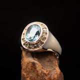 Sterling Silver Solitaire Ring with oval Cut Blue Zircon and 14 CZ - Size 6.5 - BikeRing4u