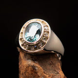 Sterling Silver Solitaire Ring with oval Cut Blue Zircon and 14 CZ - Size 6.5 - BikeRing4u
