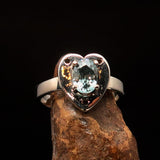 Heart shaped Gemstone Sterling Silver Solitaire Ring with oval Cut Blue Zircon - Size 6.5 - BikeRing4u