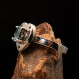 Heart shaped Gemstone Sterling Silver Solitaire Ring with oval Cut Blue Zircon - Size 6.5 - BikeRing4u