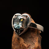 Heart shaped Gemstone Sterling Silver Solitaire Ring with oval Cut Blue Zircon - Size 6.5 - BikeRing4u