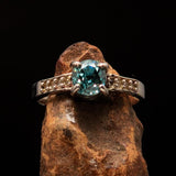 Sterling Silver Solitaire Band Ring with oval Cut Blue Zircon and 8 CZ - Size 6.25 - BikeRing4u
