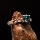 Sterling Silver Solitaire Band Ring with oval Cut Blue Zircon and 8 CZ - Size 6.25 - BikeRing4u