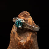 Sterling Silver Solitaire Band Ring with oval Cut Blue Zircon and 8 CZ - Size 6.25 - BikeRing4u