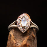 Sterling Silver Gemstone Solitaire Ring with marquise shaped Ceylon Moonstone and CZ - BikeRing4u
