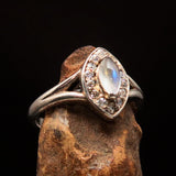 Sterling Silver Gemstone Solitaire Ring with marquise shaped Ceylon Moonstone and CZ - BikeRing4u