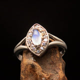 Sterling Silver Gemstone Solitaire Ring with marquise shaped Ceylon Moonstone and CZ - BikeRing4u