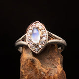 Sterling Silver Gemstone Solitaire Ring with marquise shaped Ceylon Moonstone and CZ - BikeRing4u