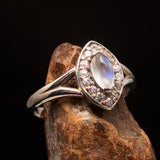 Sterling Silver Gemstone Solitaire Ring with marquise shaped Ceylon Moonstone and CZ - BikeRing4u
