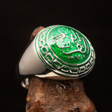 Domed Men's green Al Quran ul Kareem Muslim Ring - Sterling Silver - BikeRing4u