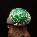 Domed Men's green Al Quran ul Kareem Muslim Ring - Sterling Silver - BikeRing4u
