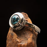 Sterling Silver Solitaire Ring with oval Cut Blue Zircon and 15 CZ - Size 6.5 - BikeRing4u
