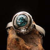Sterling Silver Solitaire Ring with oval Cut Blue Zircon and 15 CZ - Size 6.5 - BikeRing4u