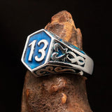 Excellent crafted Men's Biker Ring blue lucky Number 13 - Sterling Silver - BikeRing4u