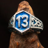 Excellent crafted Men's Biker Ring blue lucky Number 13 - Sterling Silver - BikeRing4u