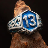 Excellent crafted Men's Biker Ring blue lucky Number 13 - Sterling Silver - BikeRing4u