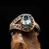 Sterling Silver Solitaire Loop Ring with oval Cut Blue Zircon and 21 CZ - Size 5 - BikeRing4u