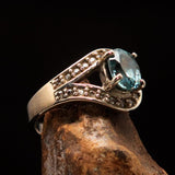 Sterling Silver Solitaire Loop Ring with oval Cut Blue Zircon and 21 CZ - Size 5 - BikeRing4u