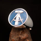 Perfectly crafted Men's GDR Socialist Ring Hammer Compasses blue - Sterling Silver - BikeRing4u