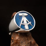 Perfectly crafted Men's GDR Socialist Ring Hammer Compasses blue - Sterling Silver - BikeRing4u