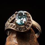 Sterling Silver Solitaire Loop Ring with oval Cut Blue Zircon and 21 CZ - Size 5 - BikeRing4u